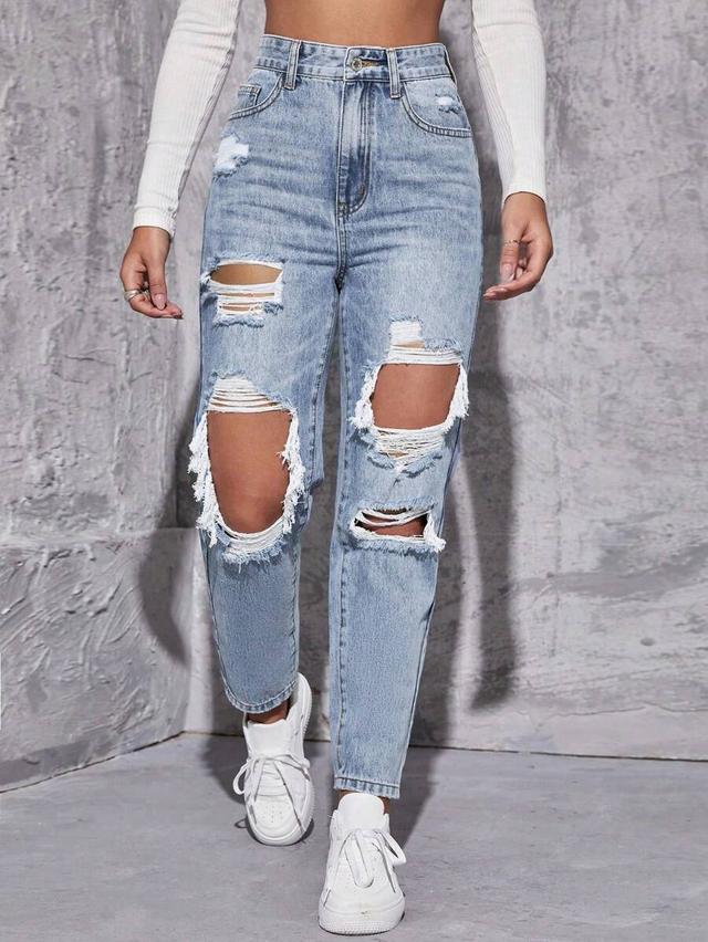 light blue high waist ripped straight leg mom jeans