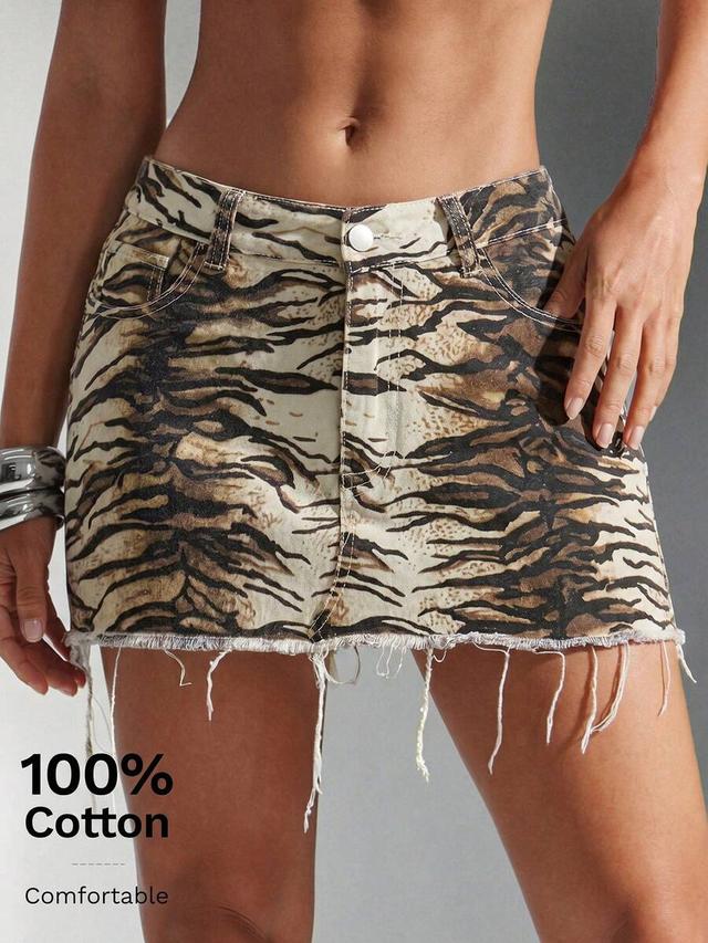 tiger print denim mini skirt with raw hem