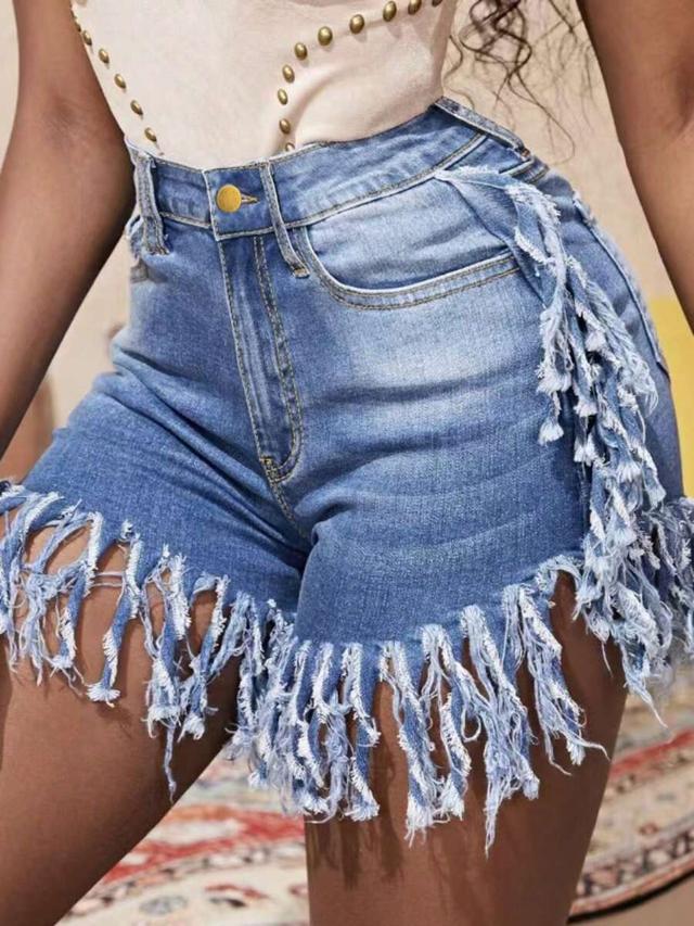 high waisted denim shorts with frayed fringe hem