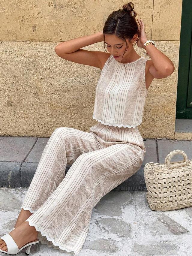 striped sleeveless top with matching wide leg trousers