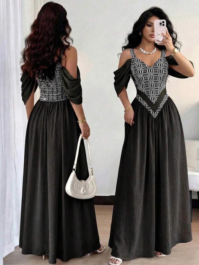 elegant geometric print off-shoulder a-line vacation dress