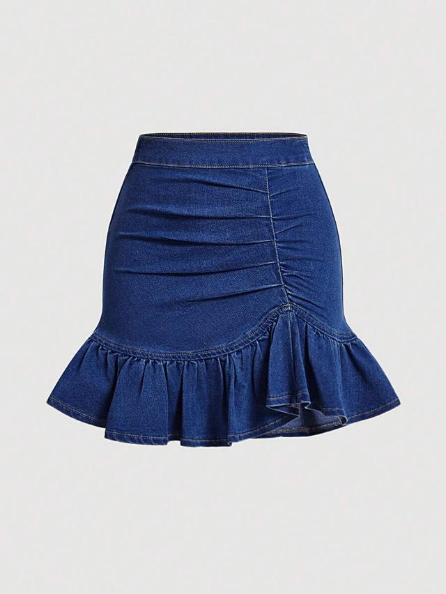 ruched denim mini skirt with ruffled hem