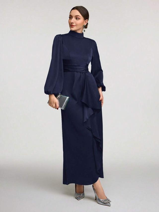 solid navy stand collar ruffle hem long sleeve dress