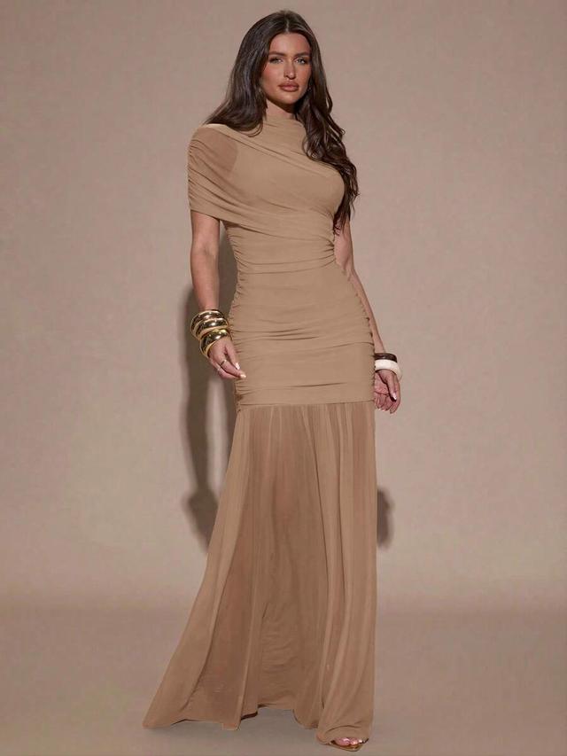 coffee khaki ruched bodycon dress with flare hem