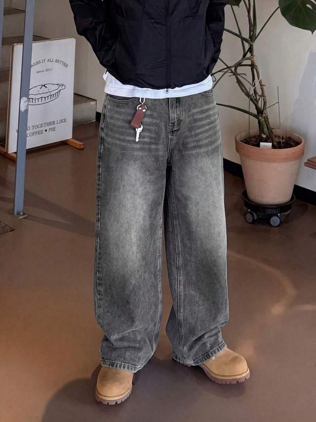 y2k retro vintage washed black loose straight leg jeans