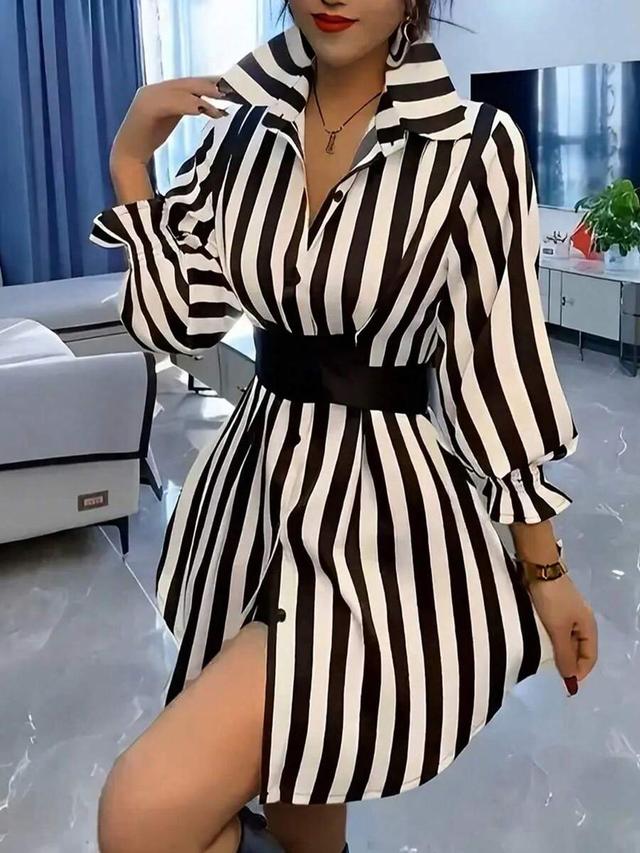 women's casual striped button-front shirt dress with waist tie