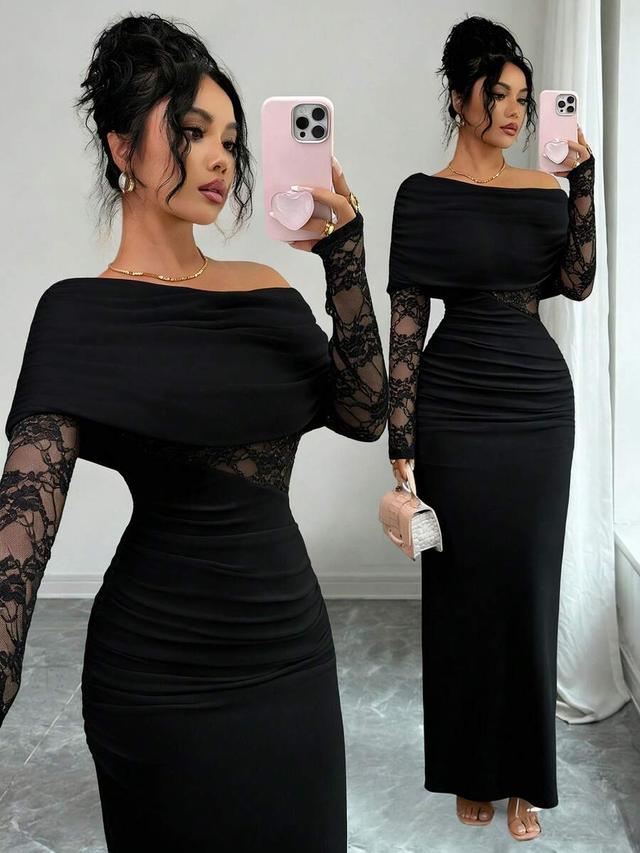 asymmetric neck ruched lace patchwork long sleeve dress