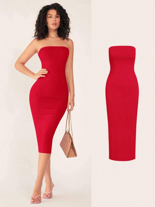 red strapless bodycon midi dress