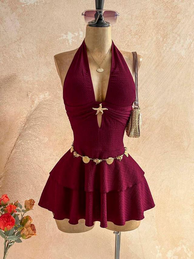 burgundy textured halter mini dress with starfish detail