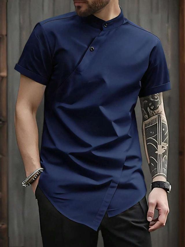 navy blue short sleeve asymmetrical button shirt