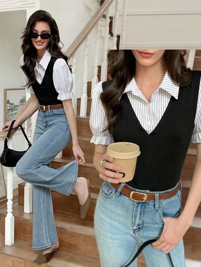 casual commuter striped patchwork 2 in 1 top