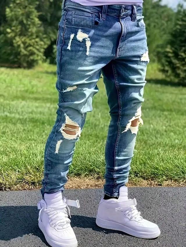 men's distressed blue skinny casual jeans
