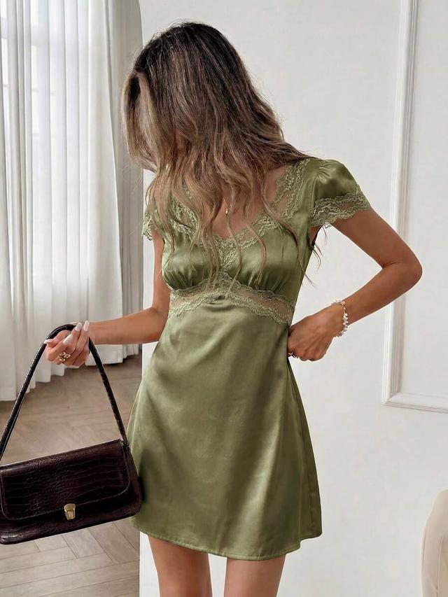 olive green satin mini dress with lace trim