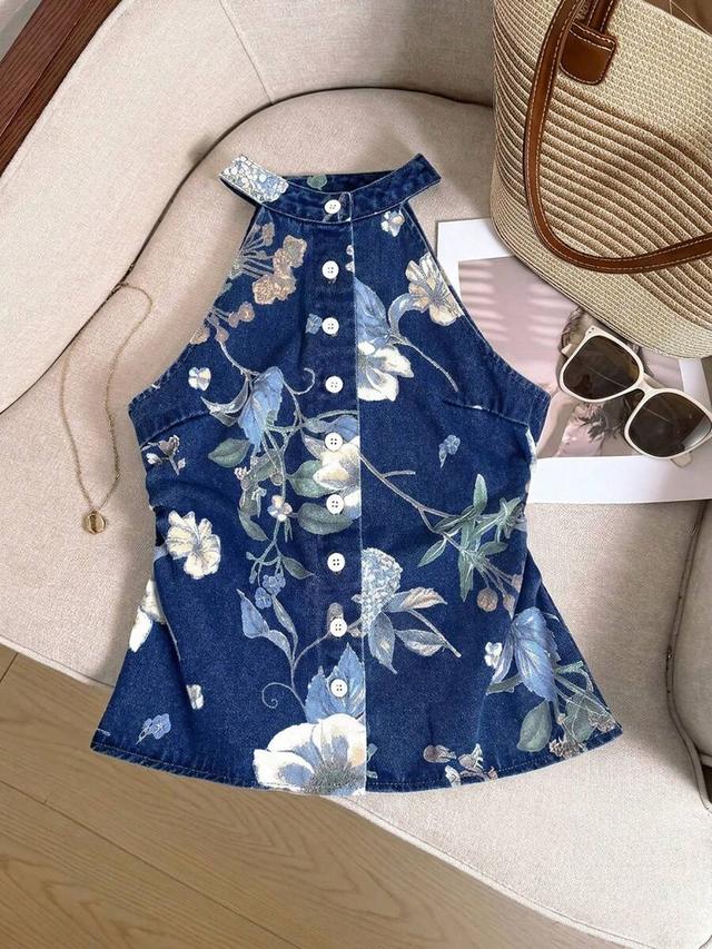 floral print navy blue denim halter top