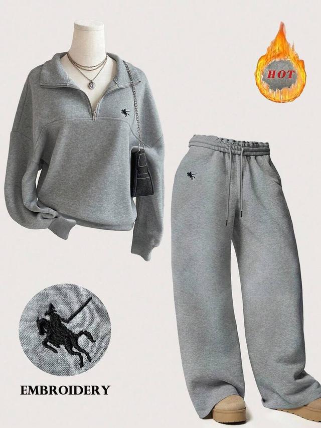 embroidered grey sweatshirt and wide leg lounge pants set