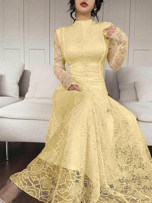 feyla elegant light yellow lace long sleeve dress