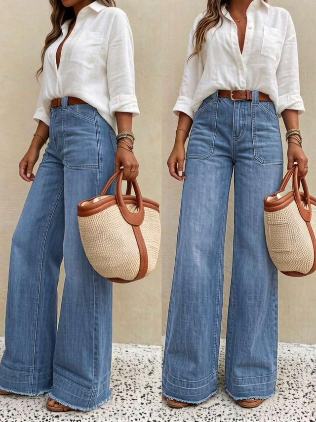 women's high-waisted loose fit wide leg denim jeans