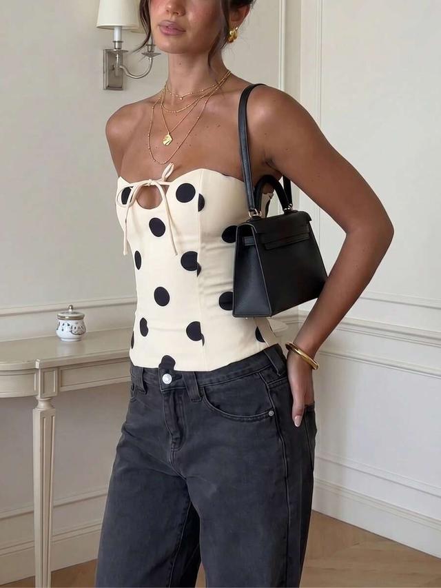 cream casual sexy elegant polka dot woven bandeau top