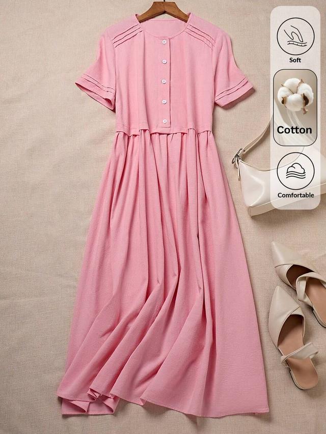 pink cotton linen short sleeve casual shirt dress