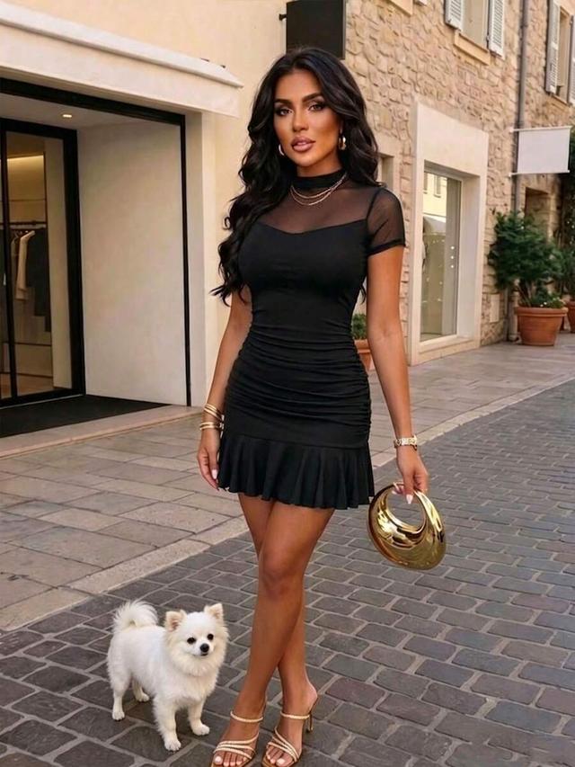 aij amarilo brown mesh ruched bodycon dress