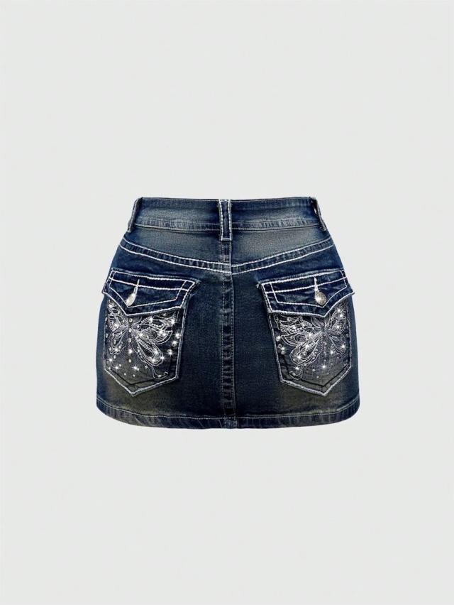 dark wash denim mini skirt with butterfly embroidery
