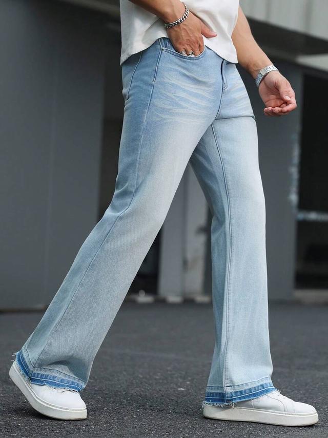 light wash slim straight flare jeans with raw hem
