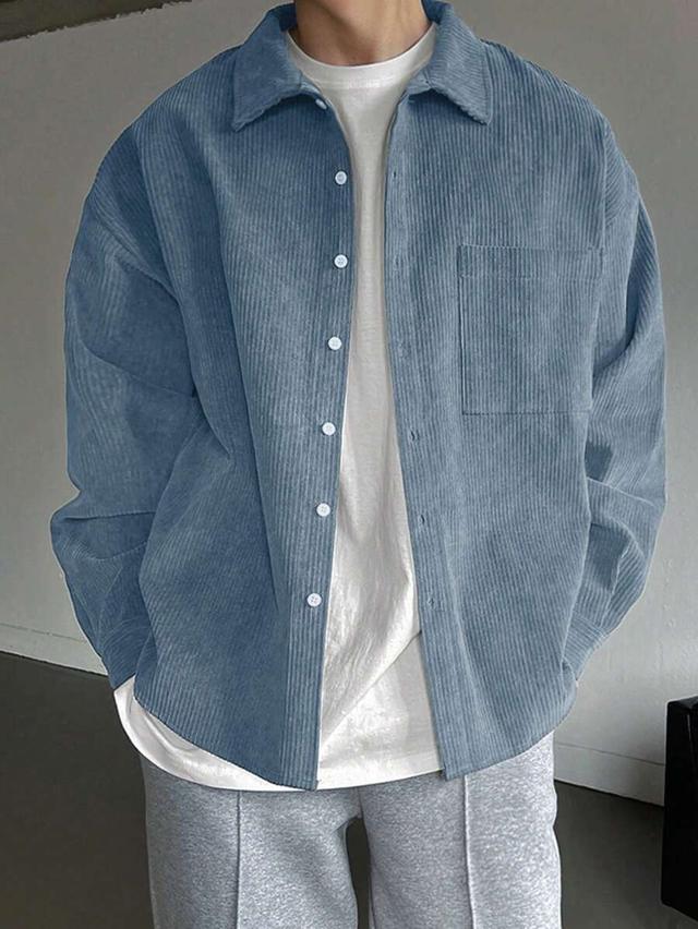 blue corduroy drop shoulder long sleeve shirt