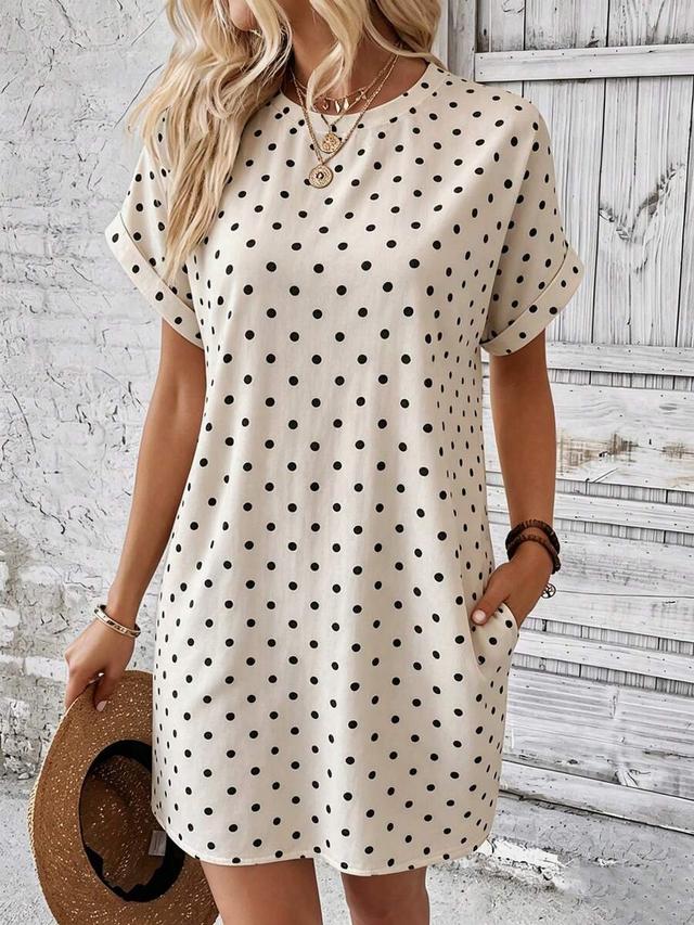 polka dot shift dress with cuffed sleeves