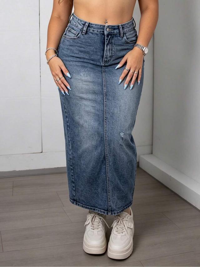 high waisted blue denim midi skirt