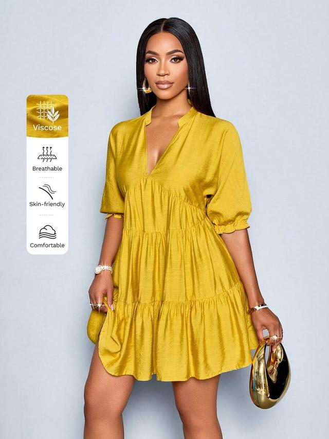 mustard yellow v-neck tiered babydoll mini dress