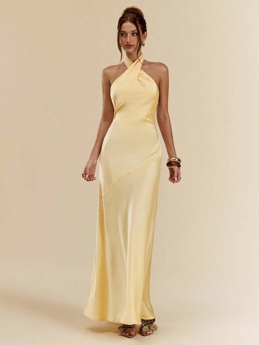 minimalist pale yellow satin backless halter maxi dress