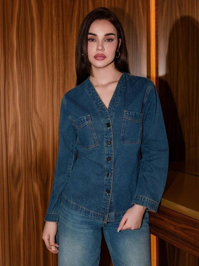 casual washed denim blouse with waist cinching
