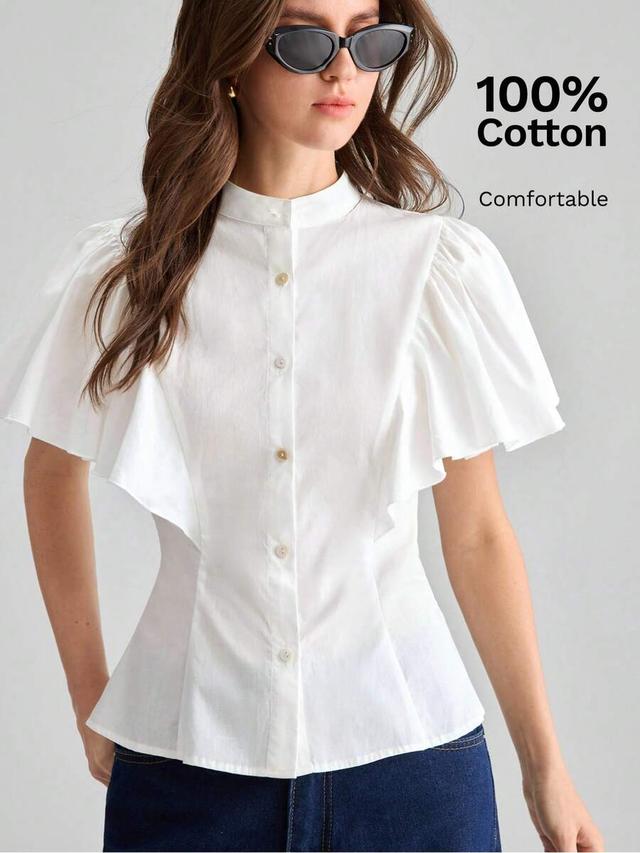 white cotton stand collar blouse with ruffle sleeves
