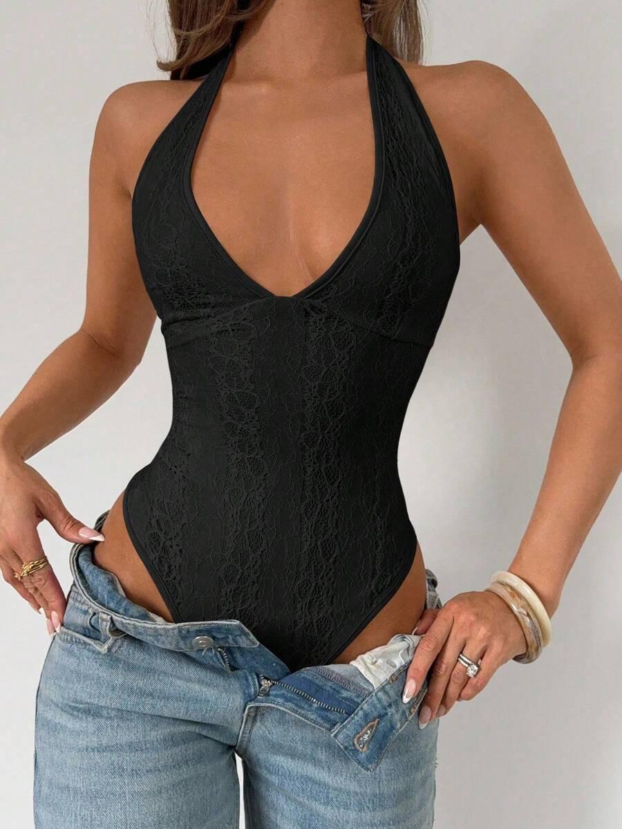 fitted black lace halter v-neck bodysuit