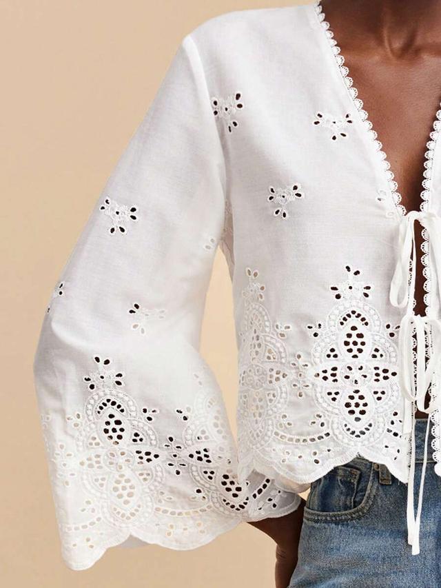 white eyelet lace embroidery tie front boho blouse