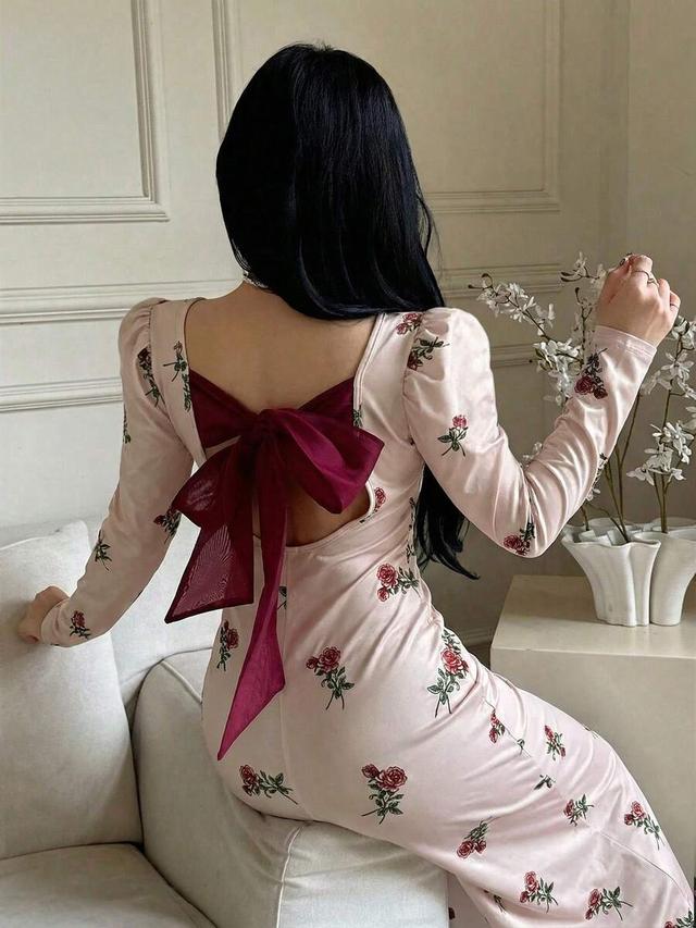feyla floral print square neck long sleeve bow dress