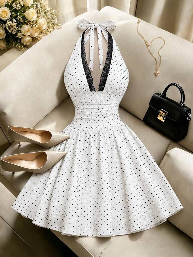 polka dot halter neck a-line short dress