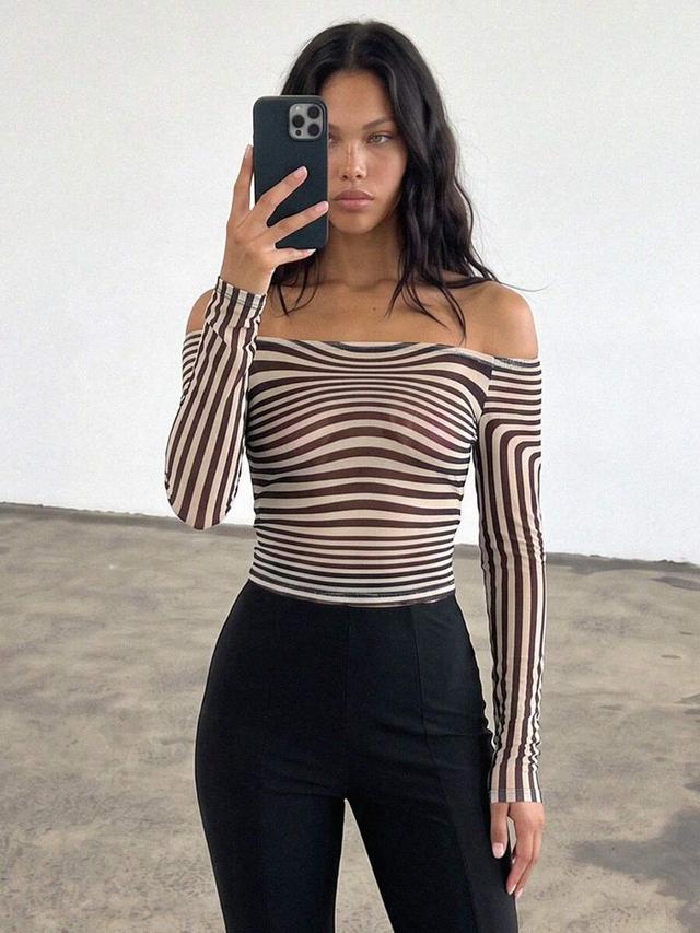 off-shoulder striped sheer mesh long sleeve crop top