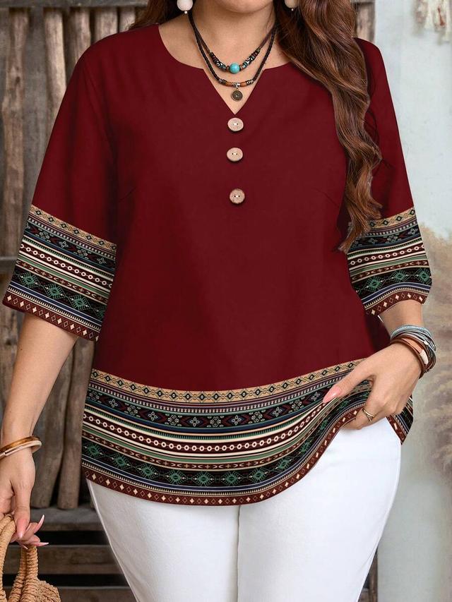 red geometric print half sleeve casual blouse