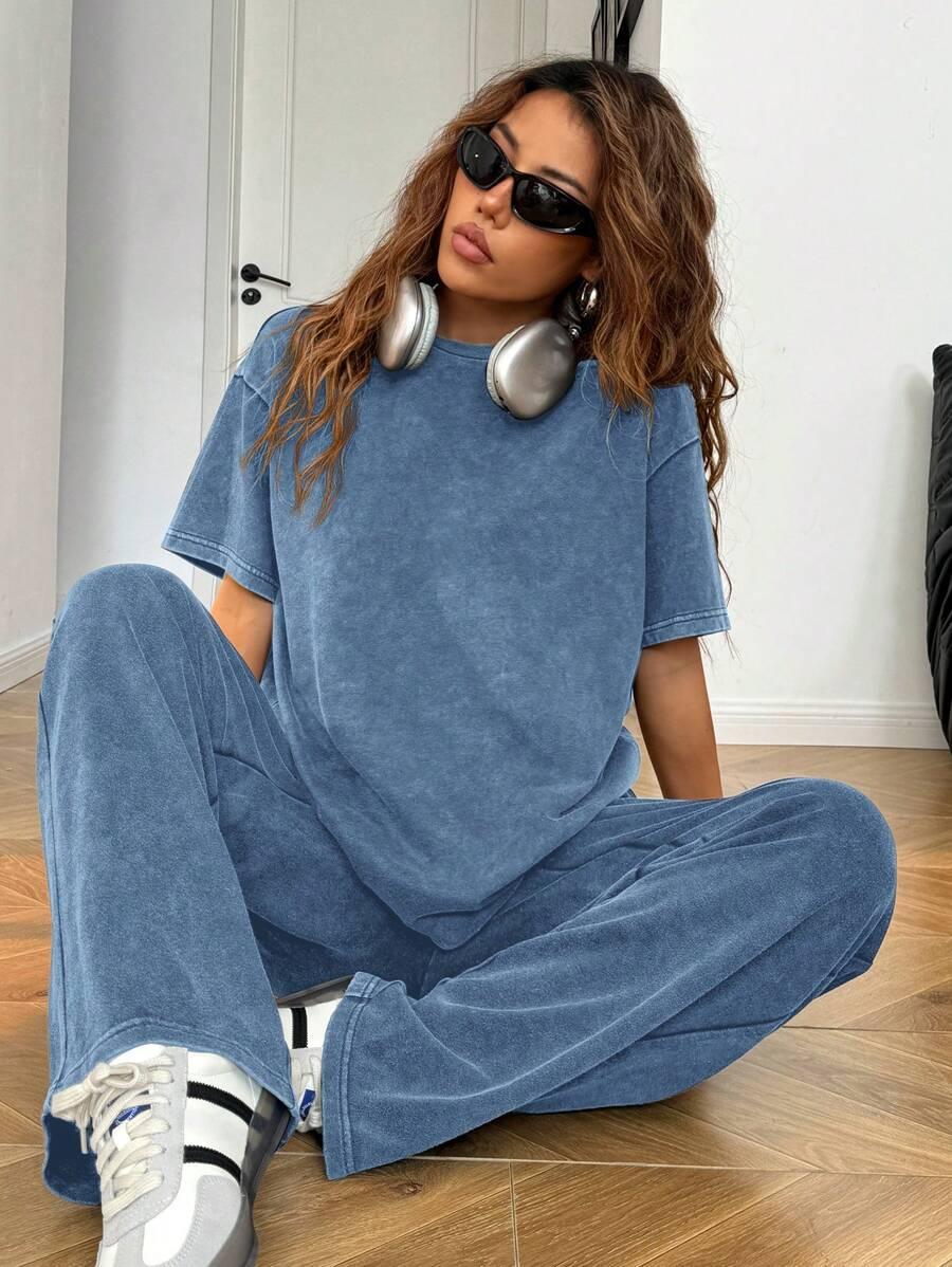 distressed washed blue cotton lounge set