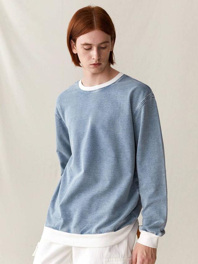 light blue knitted denim sweatshirt jacket