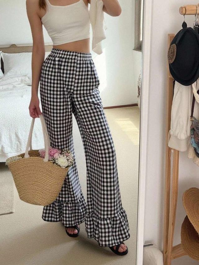black and white gingham ruffle hem trousers