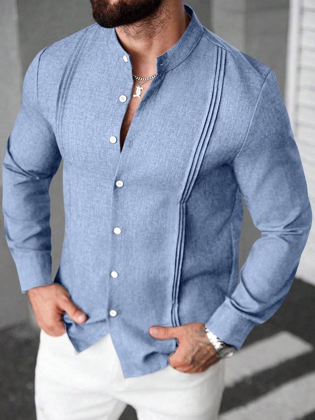 light blue linen blend mandarin collar long sleeve shirt