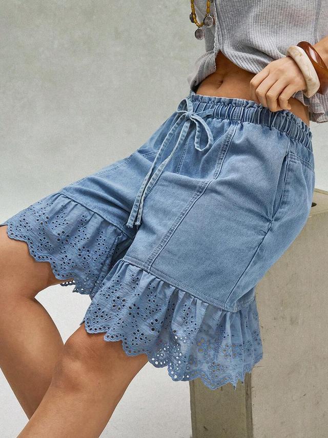 washed denim patchwork shorts with lace trim