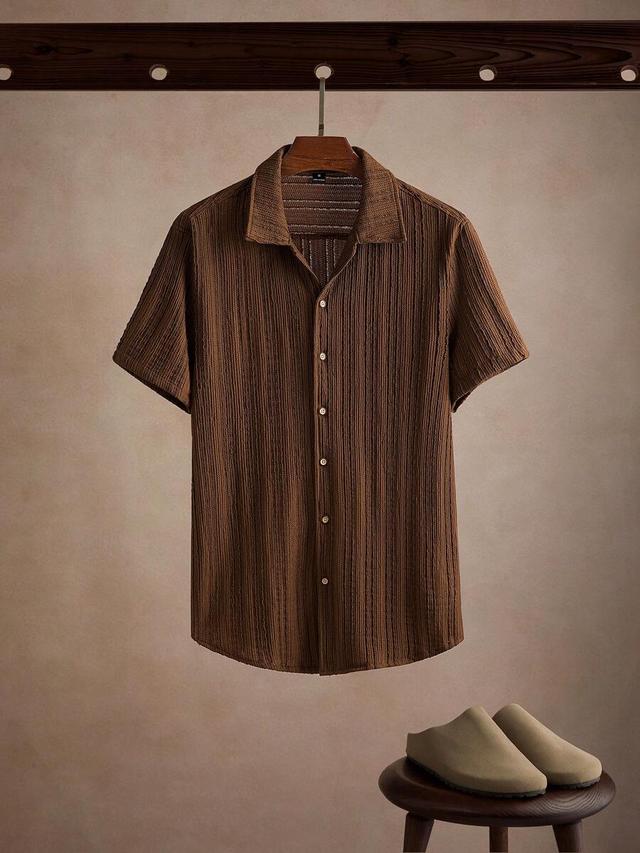 brown textured short sleeve casual button up shirt