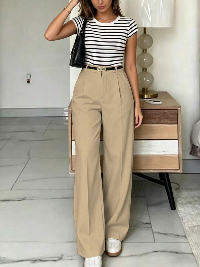 women's high waist beige wide leg tailored trousers