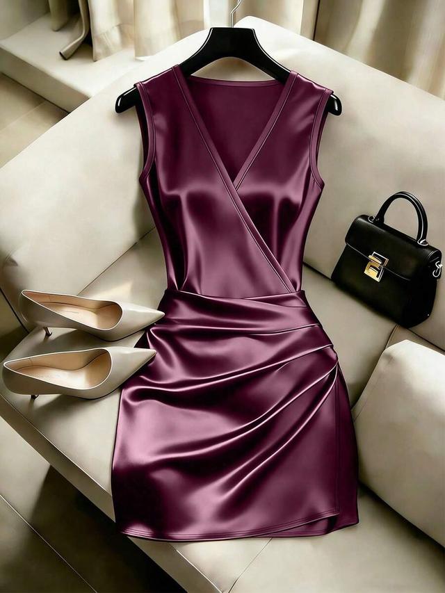 dark purple v-neck sleeveless pleated waist asymmetric satin dress