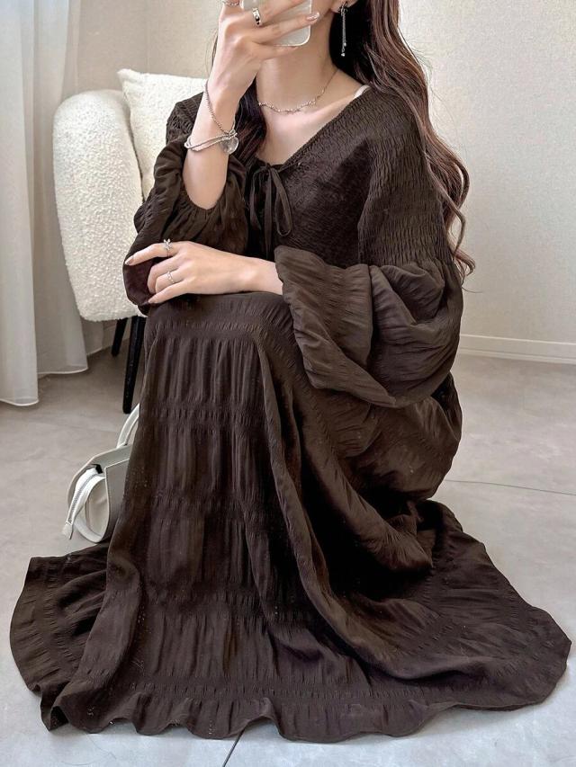 brown textured fabric drawstring tie waist long dress