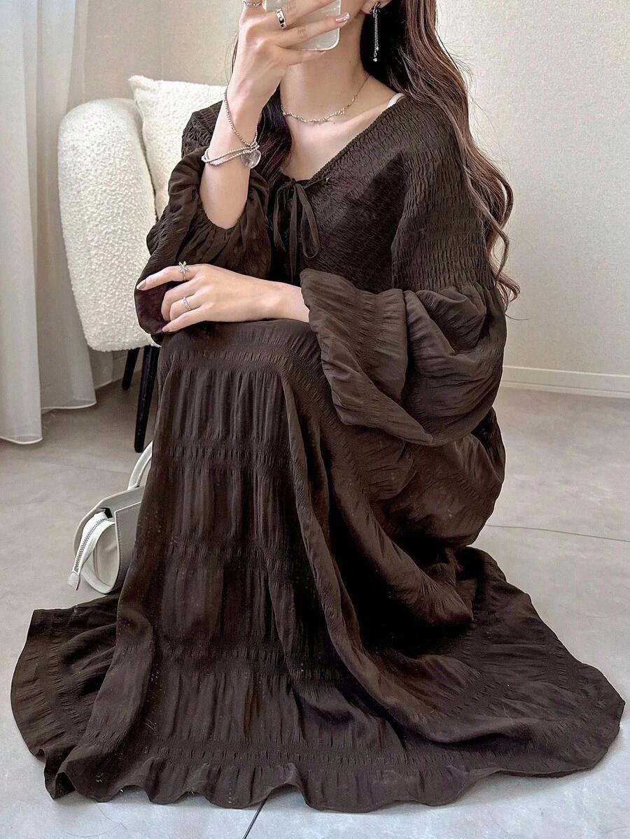 brown textured fabric drawstring tie waist long dress