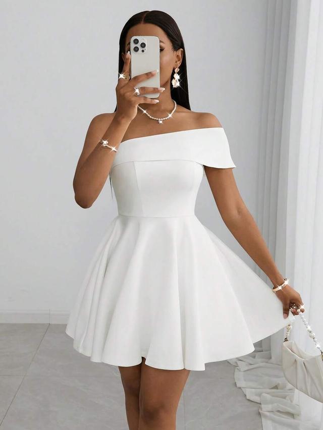 white off-shoulder fitted mini dress